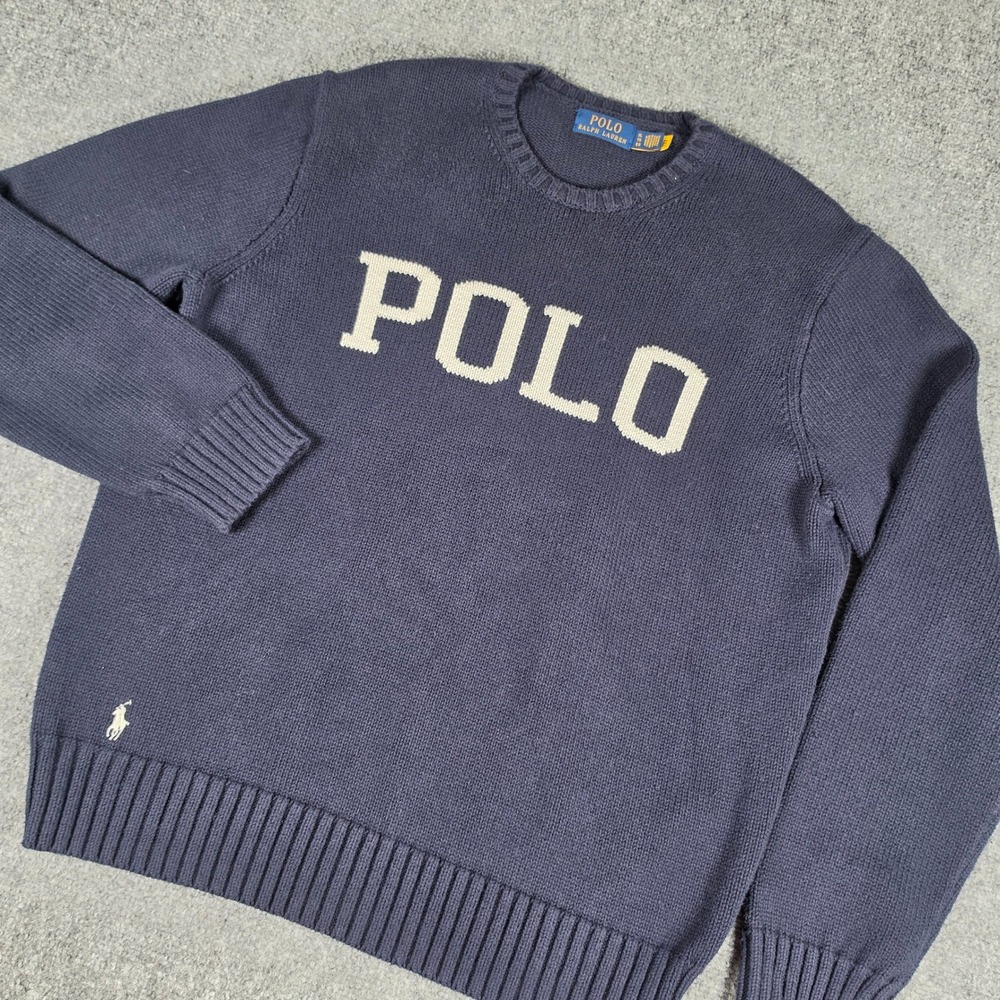 Polo Ralph Lauren Logo Intarsia Cotton Sweater Mens XL Navy Blue Crewneck